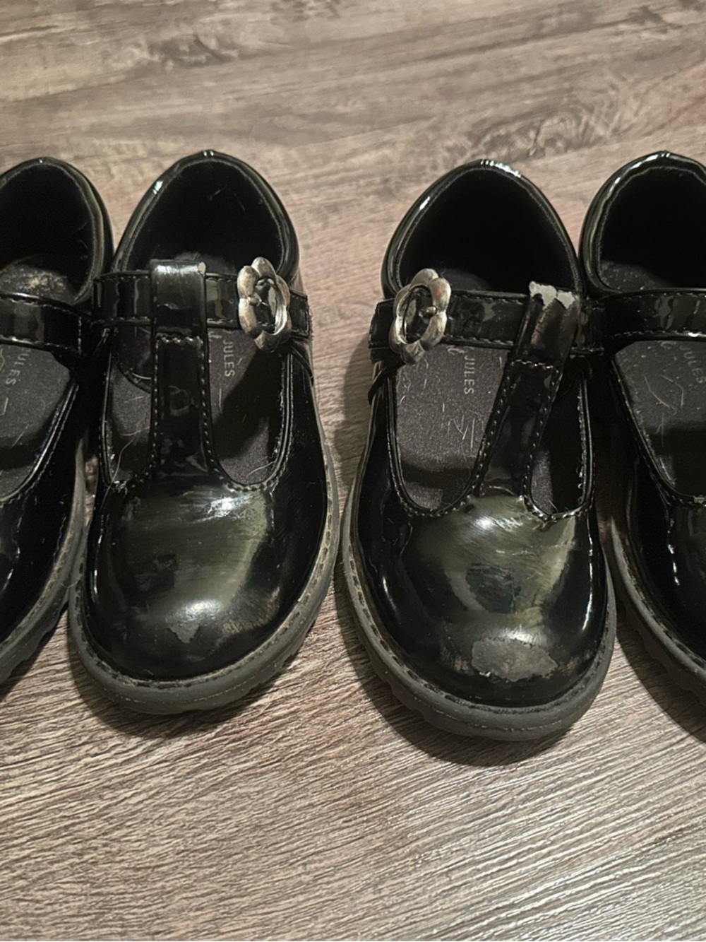 Girls' Black Patent T-Strap Dress Shoes with Flower Accent for twins